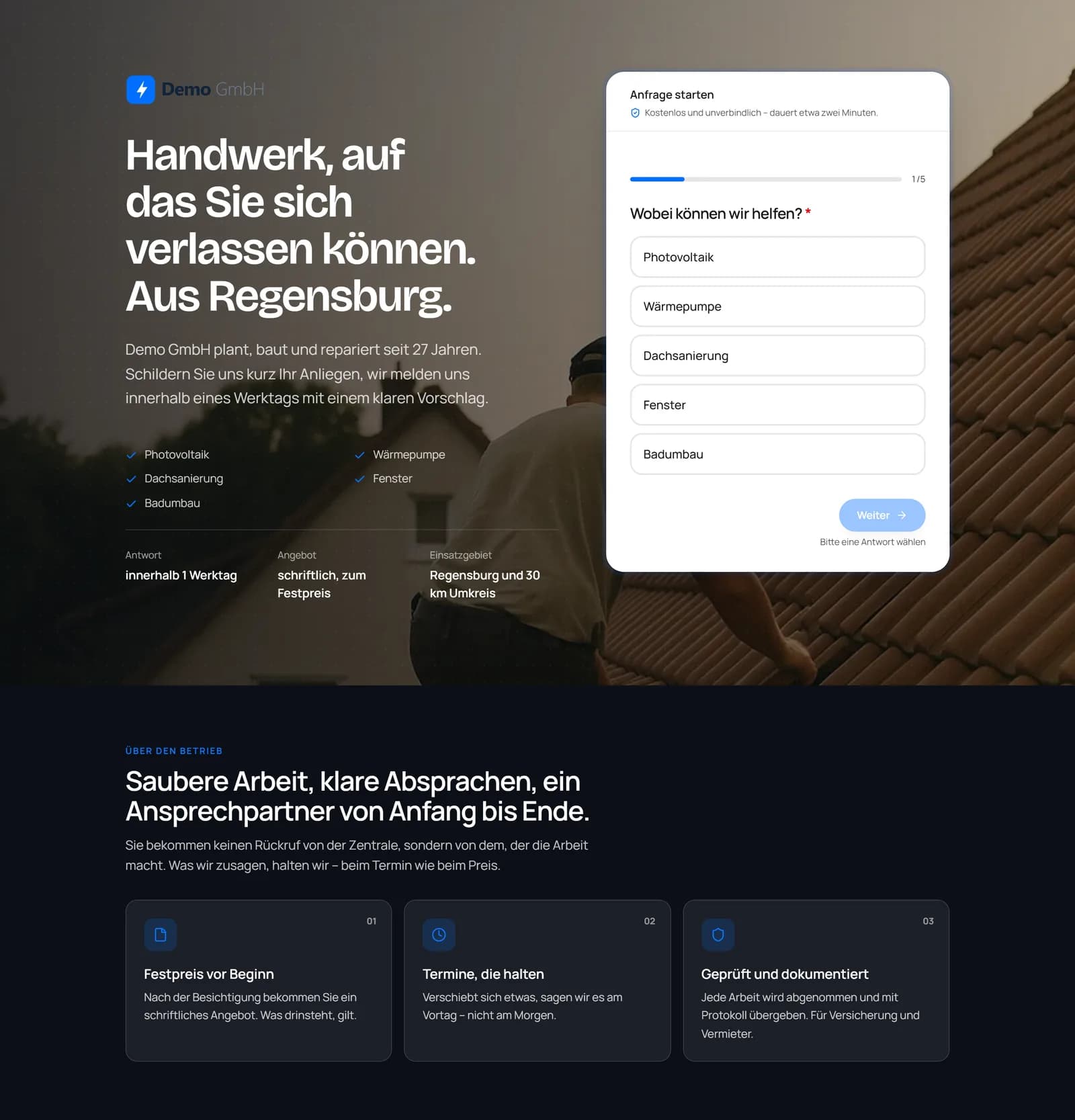 Die Empfehlungsseite, wie der Interessent sie sieht: Vorstellung, Leistungen und Anfrageformular
