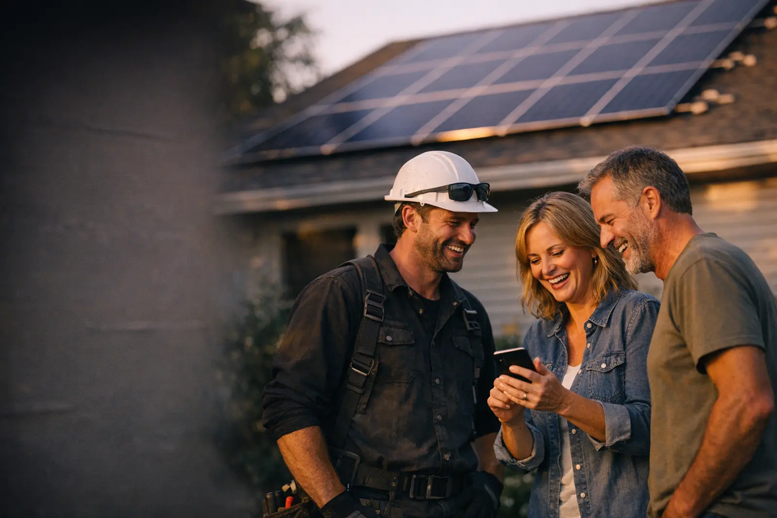 PV-Installateur mit Kunden vor dem Haus