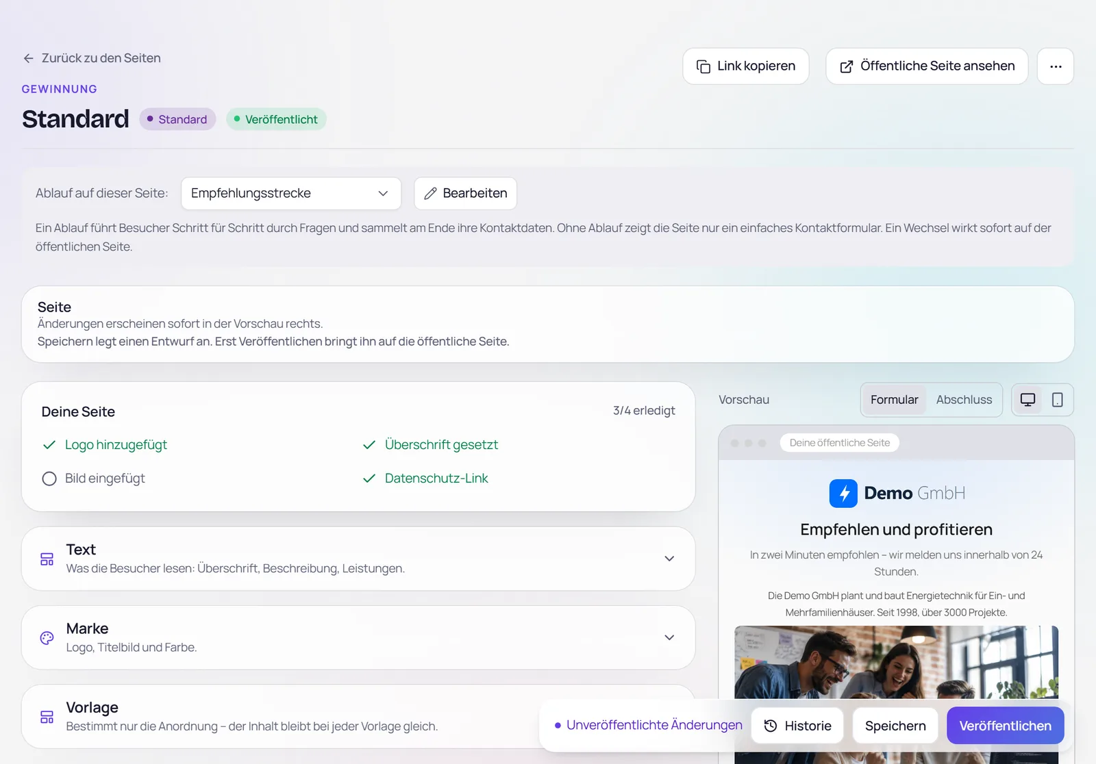 Der Seiten-Editor mit Vorschau der Landingpage